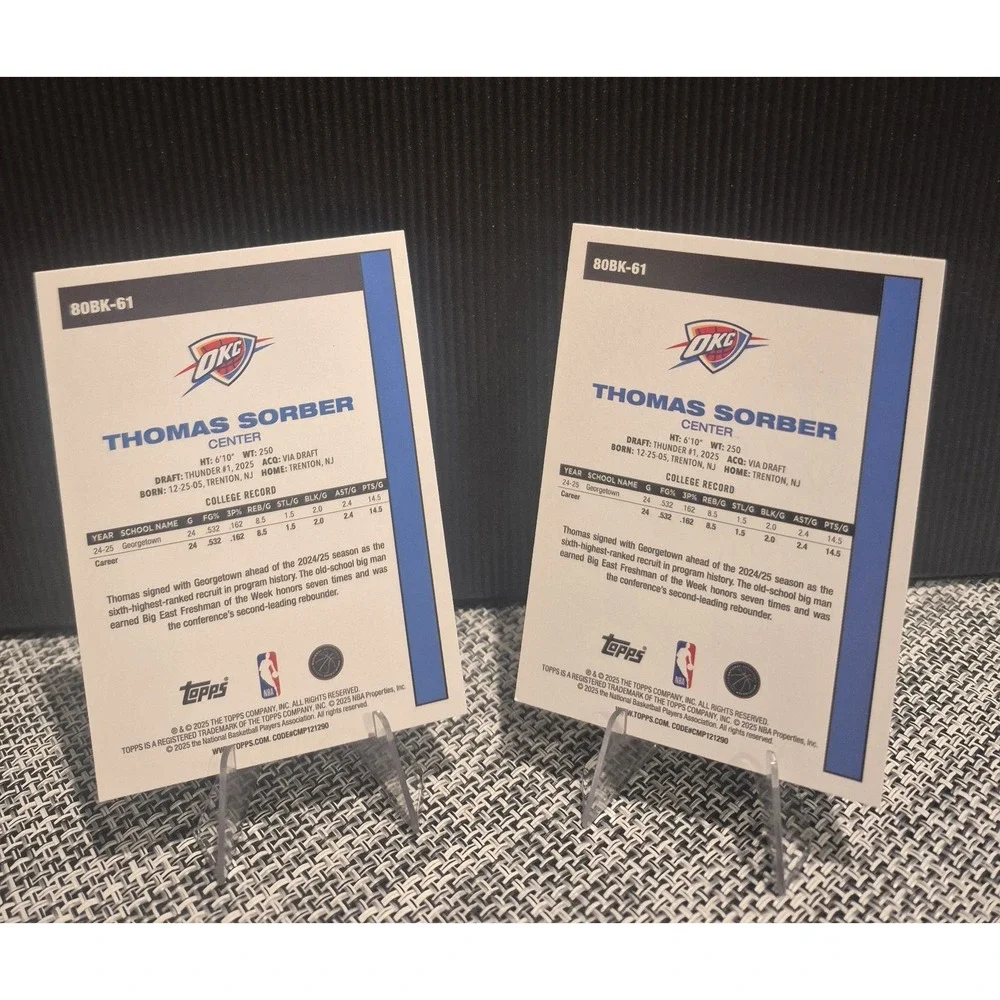 2025/26 Topps Basketball Thomas‎ Sorber #80BK-61 Pink Foil (RC) Thunder & Base